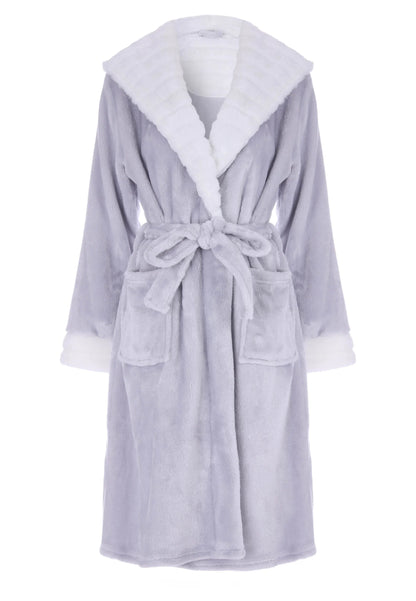 Womens Grey Sherpa Hooded Dressing Gown