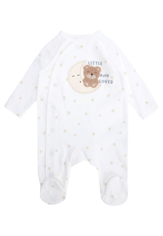 Baby Unisex White Cotton Bear Sleepsuit