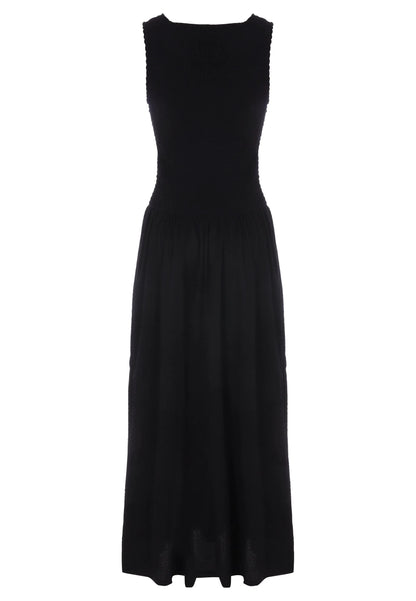 Womens Plain Black Shirred Drop Waist Midi Dress