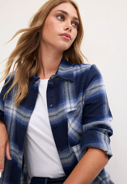 Womens Navy Long Sleeve Check Shirt
