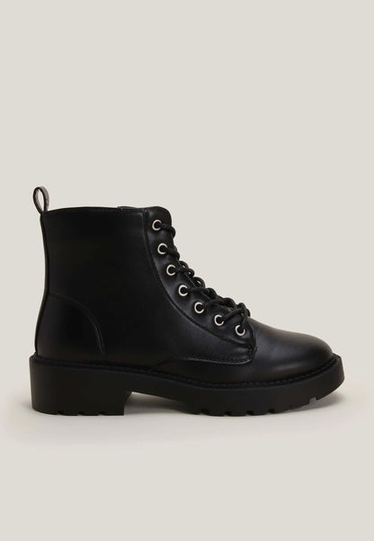 Womens Plain Black Lace Up Chunky Boots