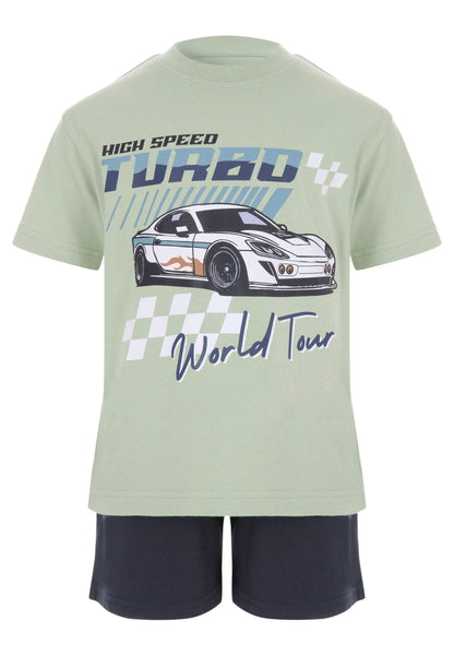 Younger Boys Green Race Car Print T-Shirt & Shorts Set
