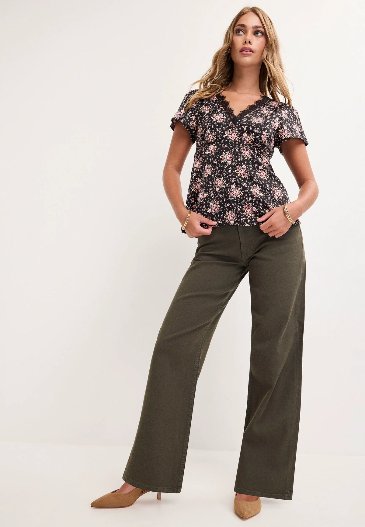 Womens Black Floral Lace Trim Blouse Top