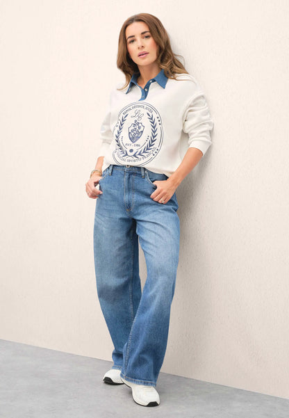 Womens Cream Denim Collar Slogan Sweatshirt