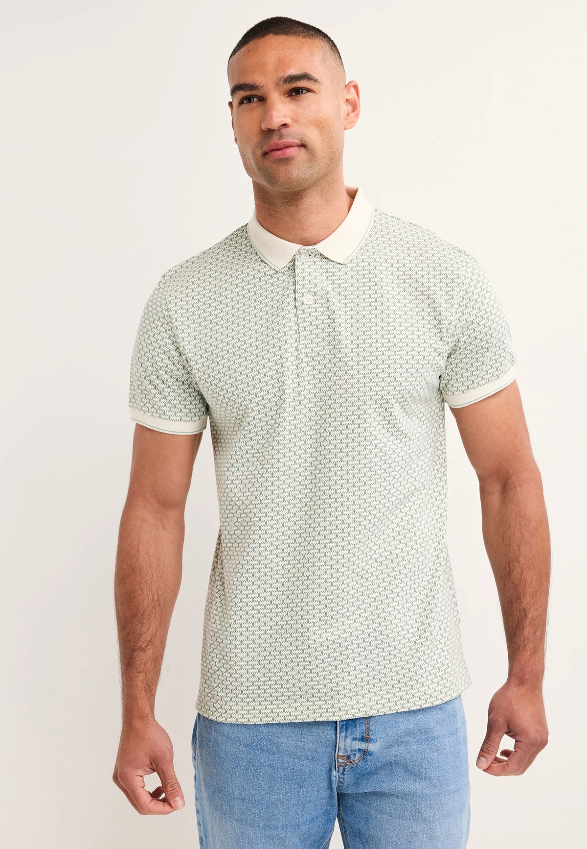 Mens Green Geo Print Cotton Polo Shirt