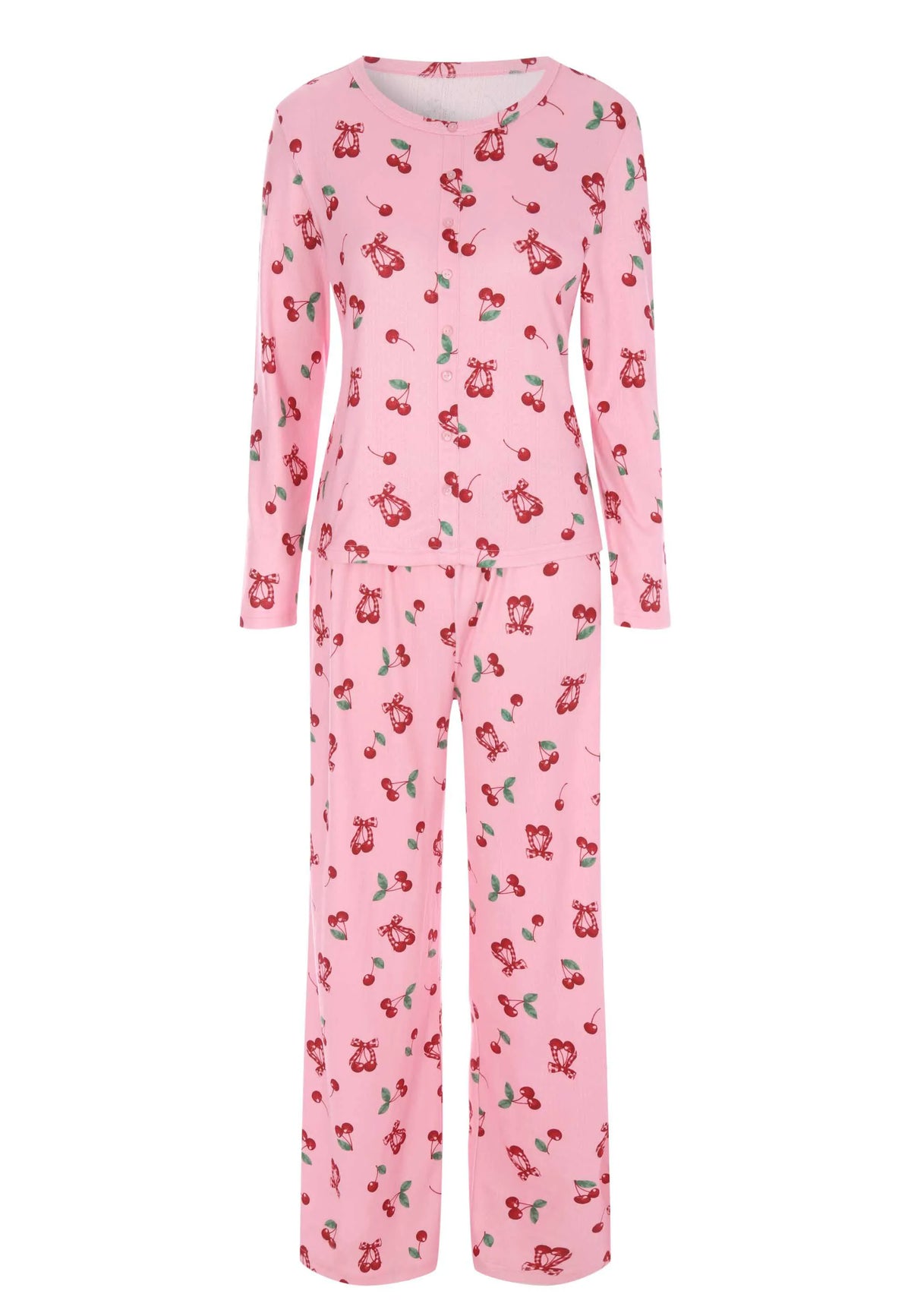Womens Pink Cherry Pointelle Long Pyjama Set