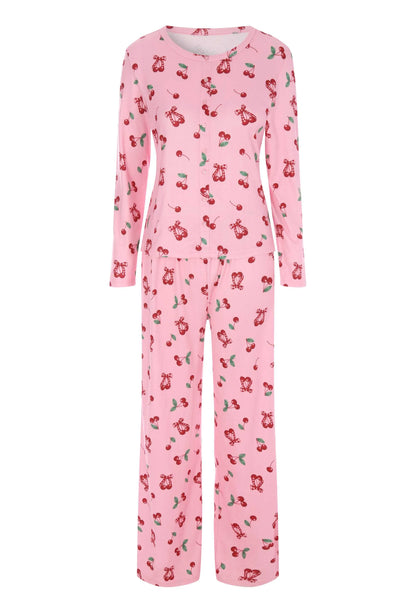 Womens Pink Cherry Pointelle Long Pyjama Set