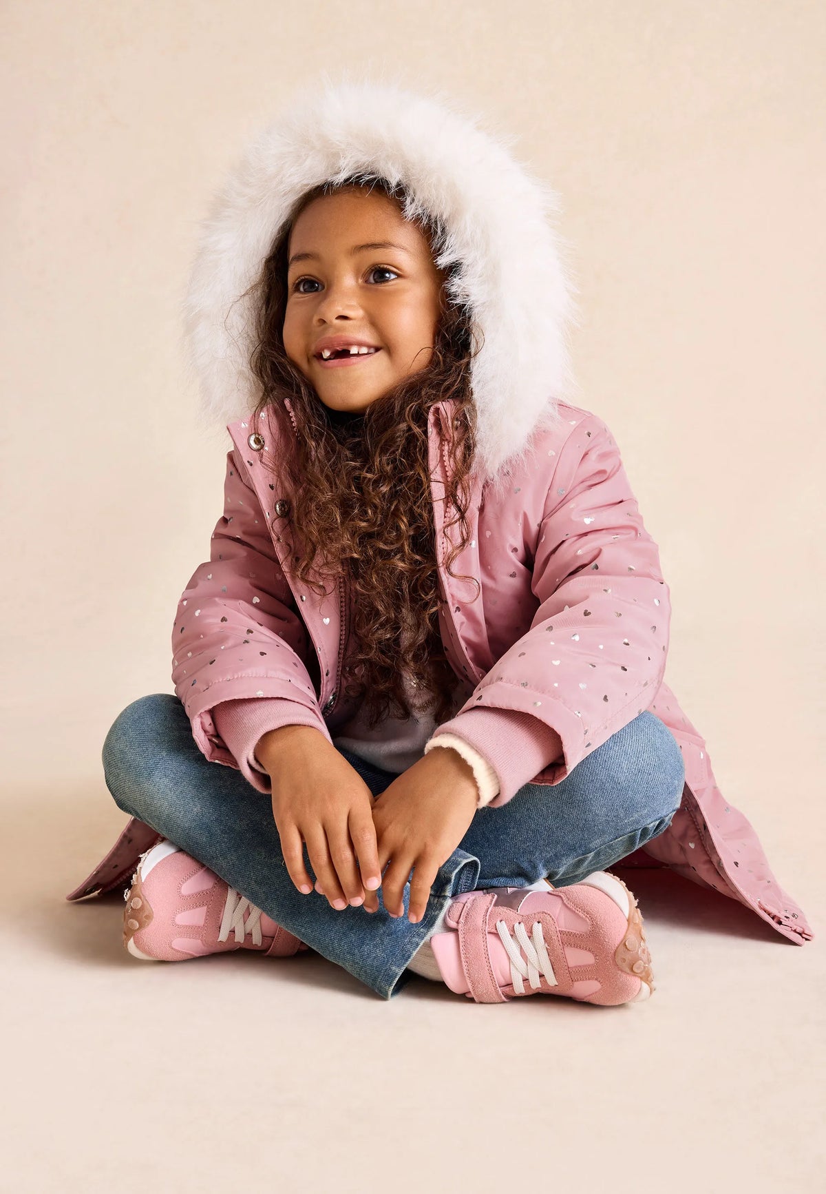 Younger Girls Pink Heart Print Padded Parka Coat