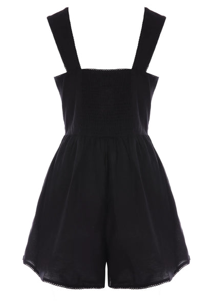Womens Black Button Front Linen Blend Playsuit