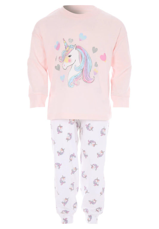 Younger Girls Pink Heart Unicorn Long Sleeve Pyjama Set