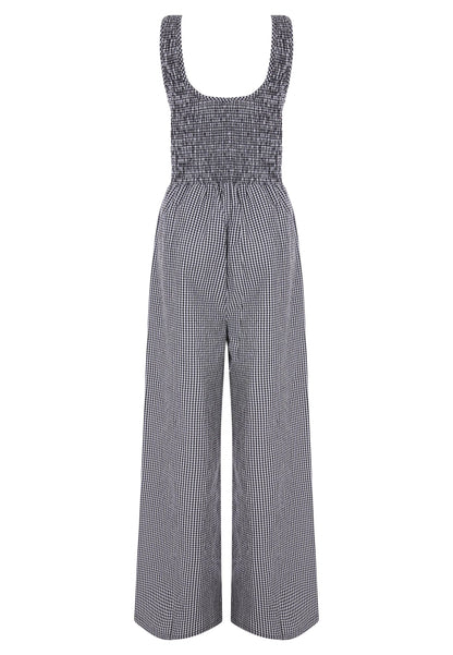 Womens Black & White Gingham Shirred Jumpsuit