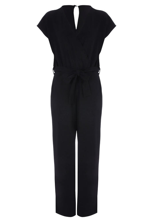 Womens Black Shimmer Wrap Front Jumpsuit