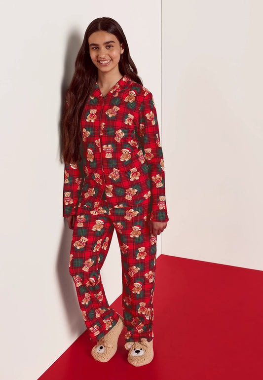 Girls Red Check Teddy Bear Family Pyjama Set