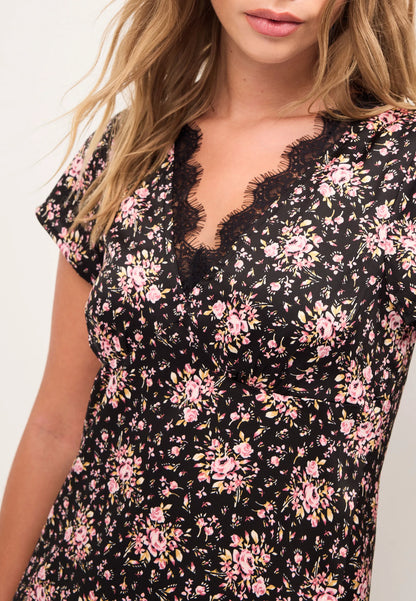 Womens Black Floral V-Neck Lace Trim Dress