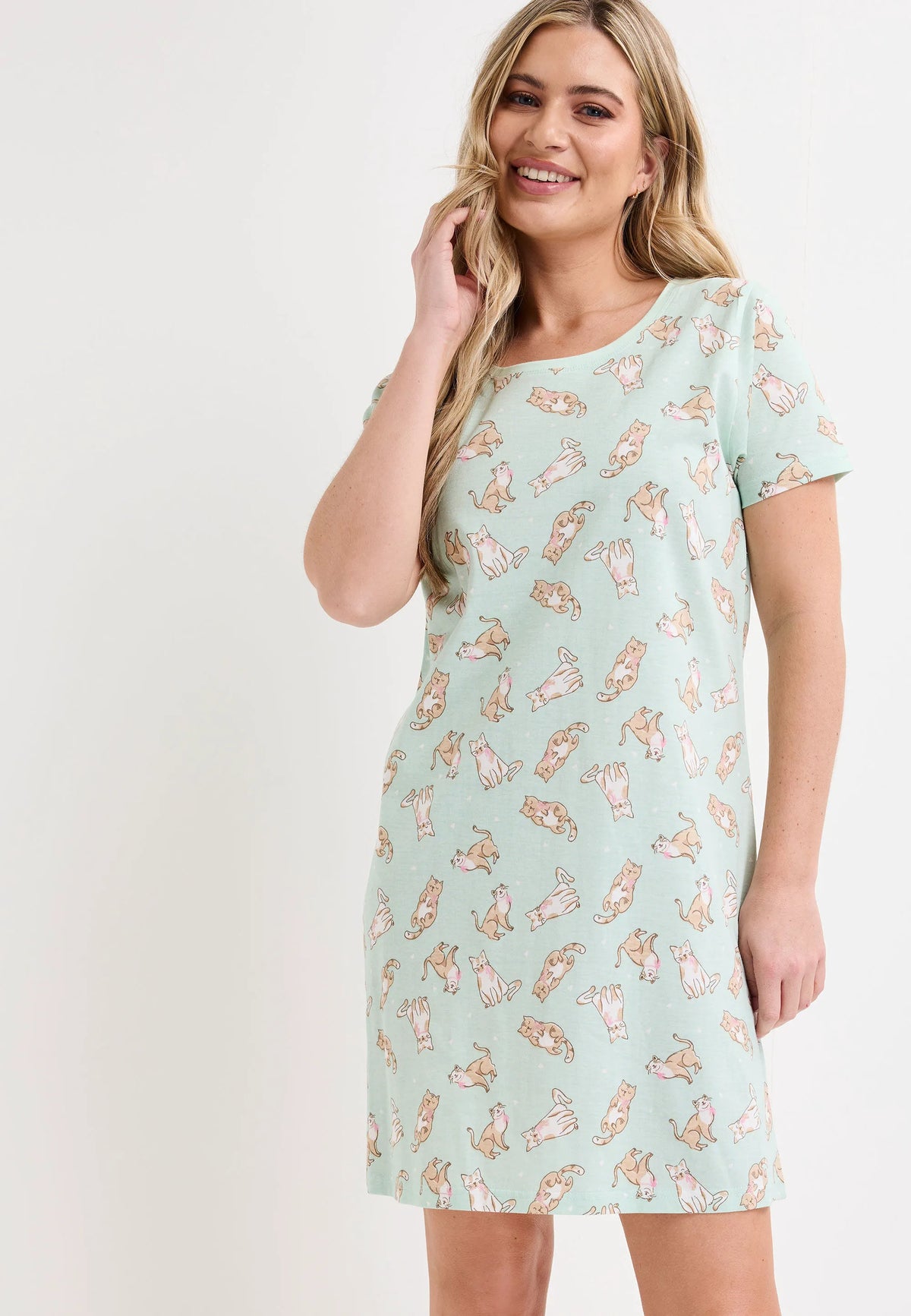 Womens Sage Cat Print Cotton Nightdress