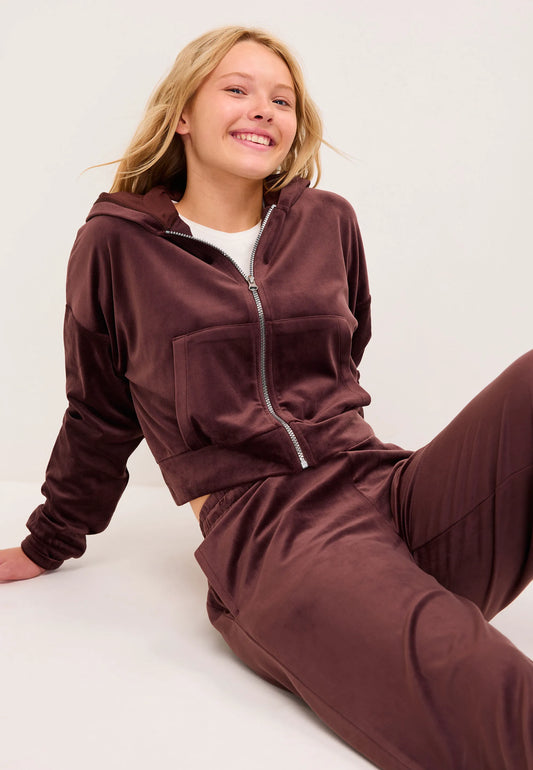 Older Girls Chocolate Brown Velour Zip Through Top