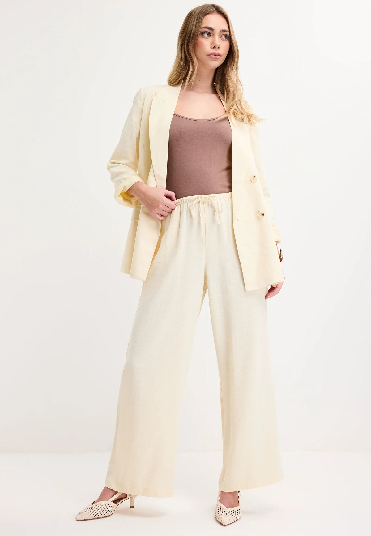 Womens Lemon Drawstring Linen Blend Trousers
