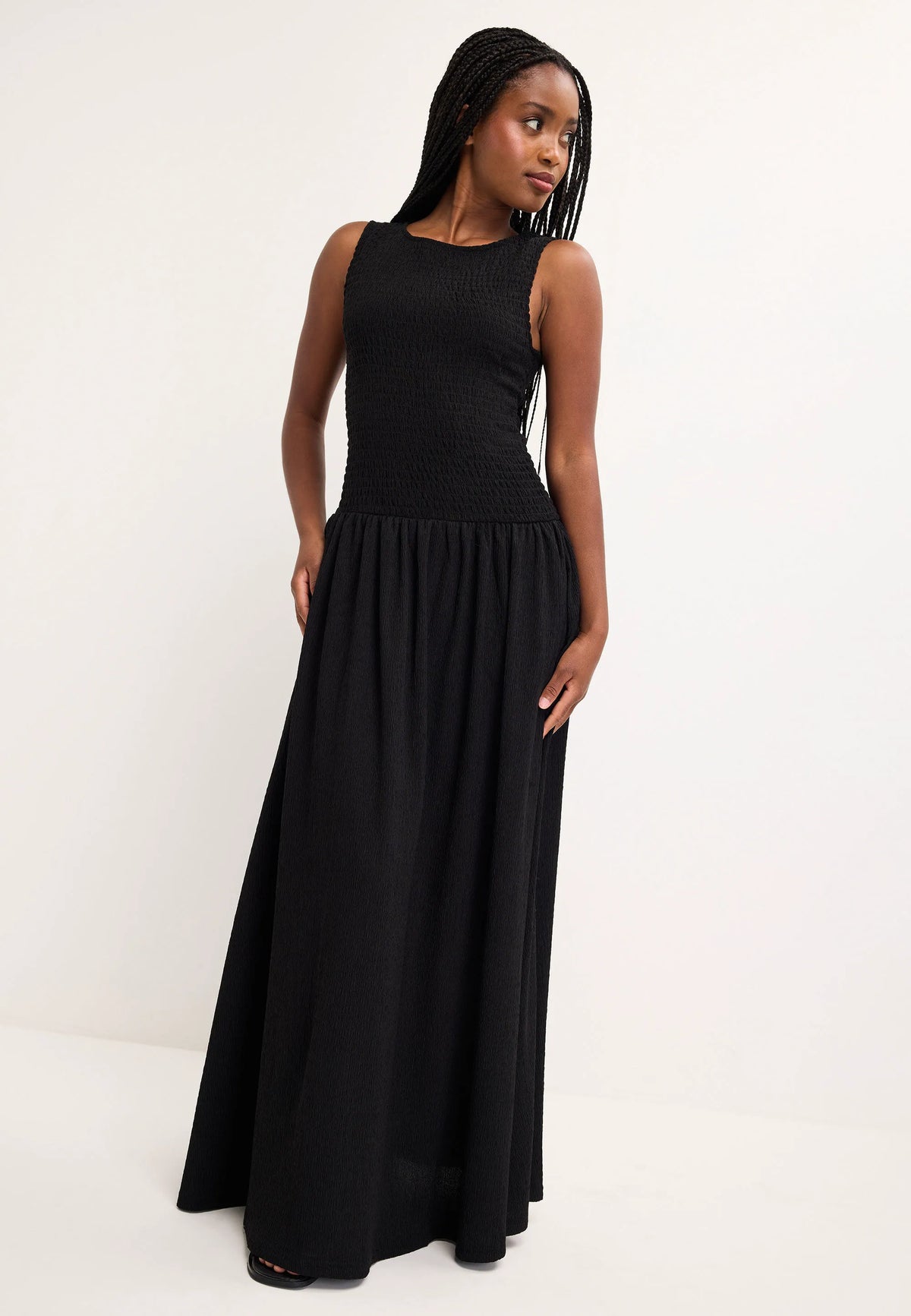 Womens Plain Black Shirred Drop Waist Midi Dress