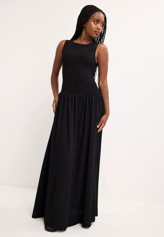 Womens Plain Black Shirred Drop Waist Midi Dress