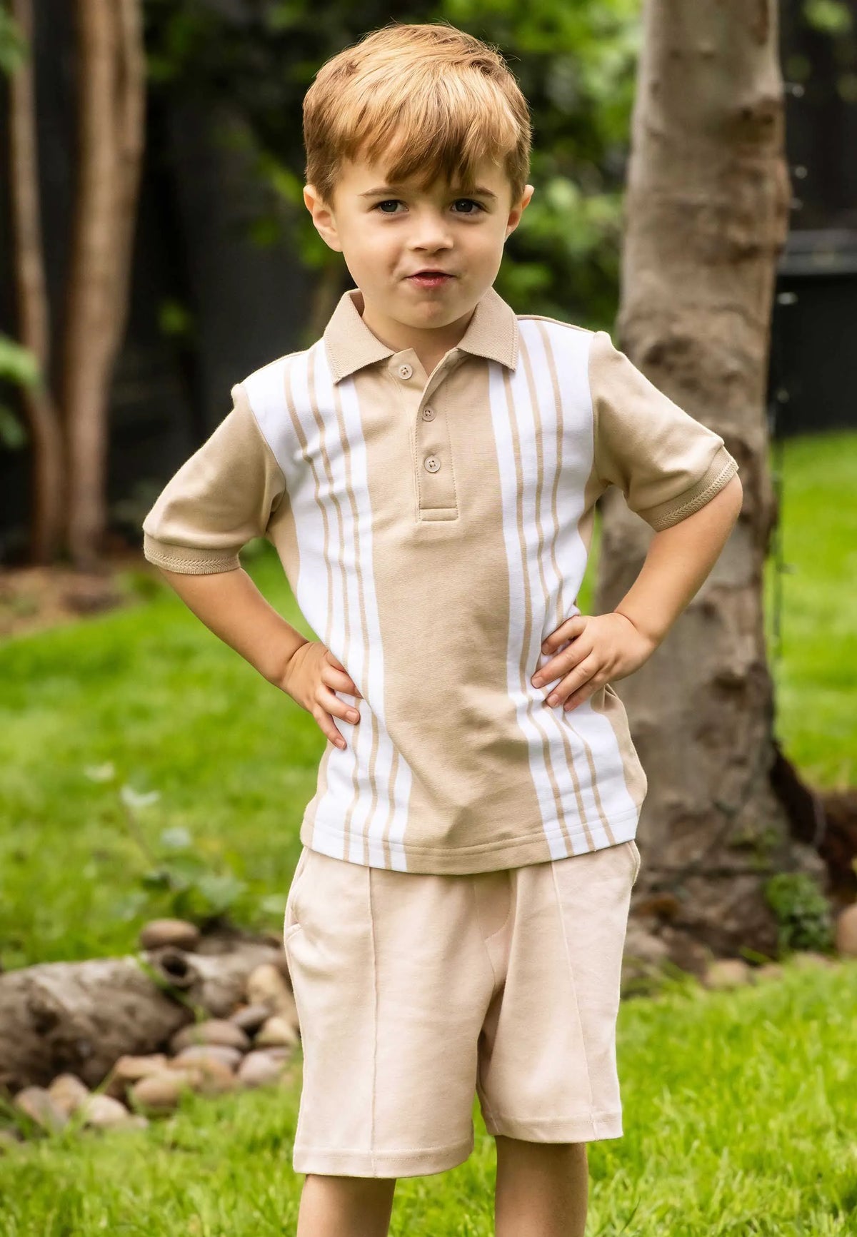 Younger Boys Stone Stripe Polo Shirt & Shorts Set