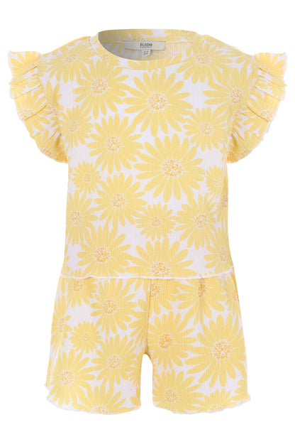 Girls Yellow & White Floral Crinkle Top and Shorts Set
