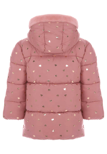 Younger Girls Pink Heart Print Padded Coat with Hood