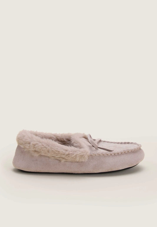 Womens Grey Fluffy Moccasin Slippers