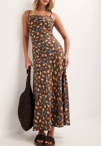 Womens Chocolate Brown Floral Slip Dress