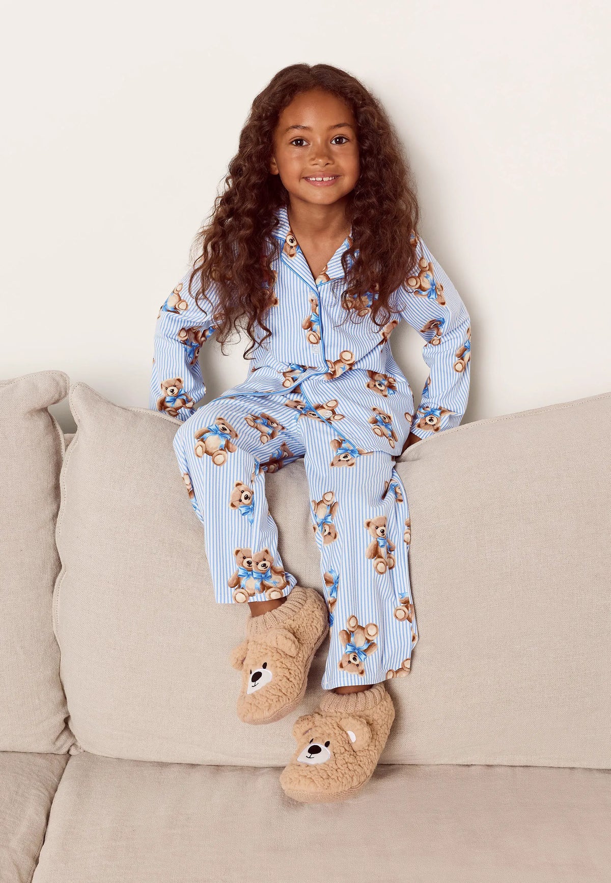Unisex Kids Blue Stripe Bear Print Family Pyjama Set