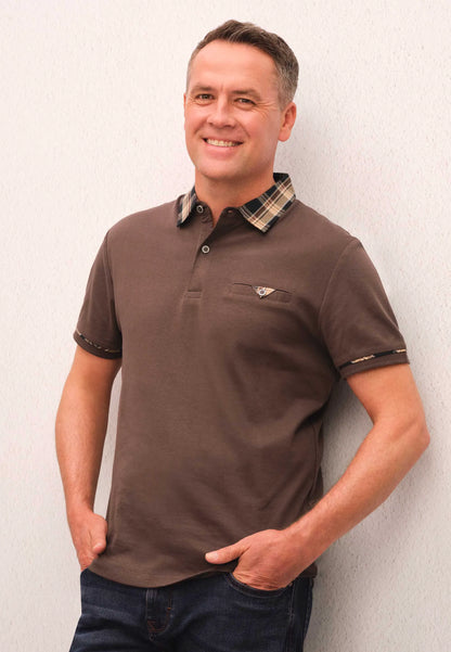 Mens Brown Woven Check Collar Polo Shirt
