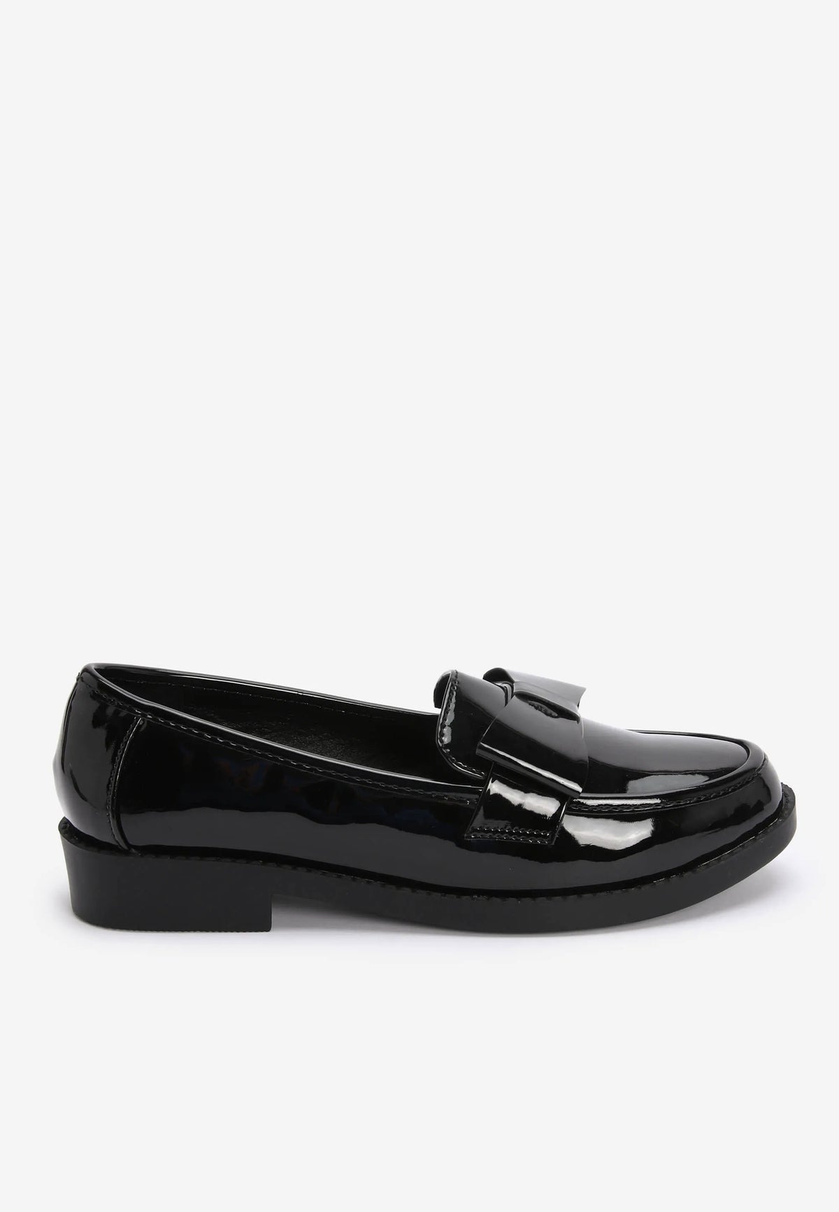 Older Girls Black Patent School Loafers with Bows