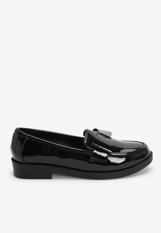 Older Girls Black Patent School Loafers with Bows