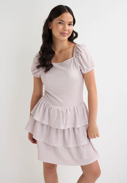 Older Girls Brown Gingham Tiered Ra-Ra Dress