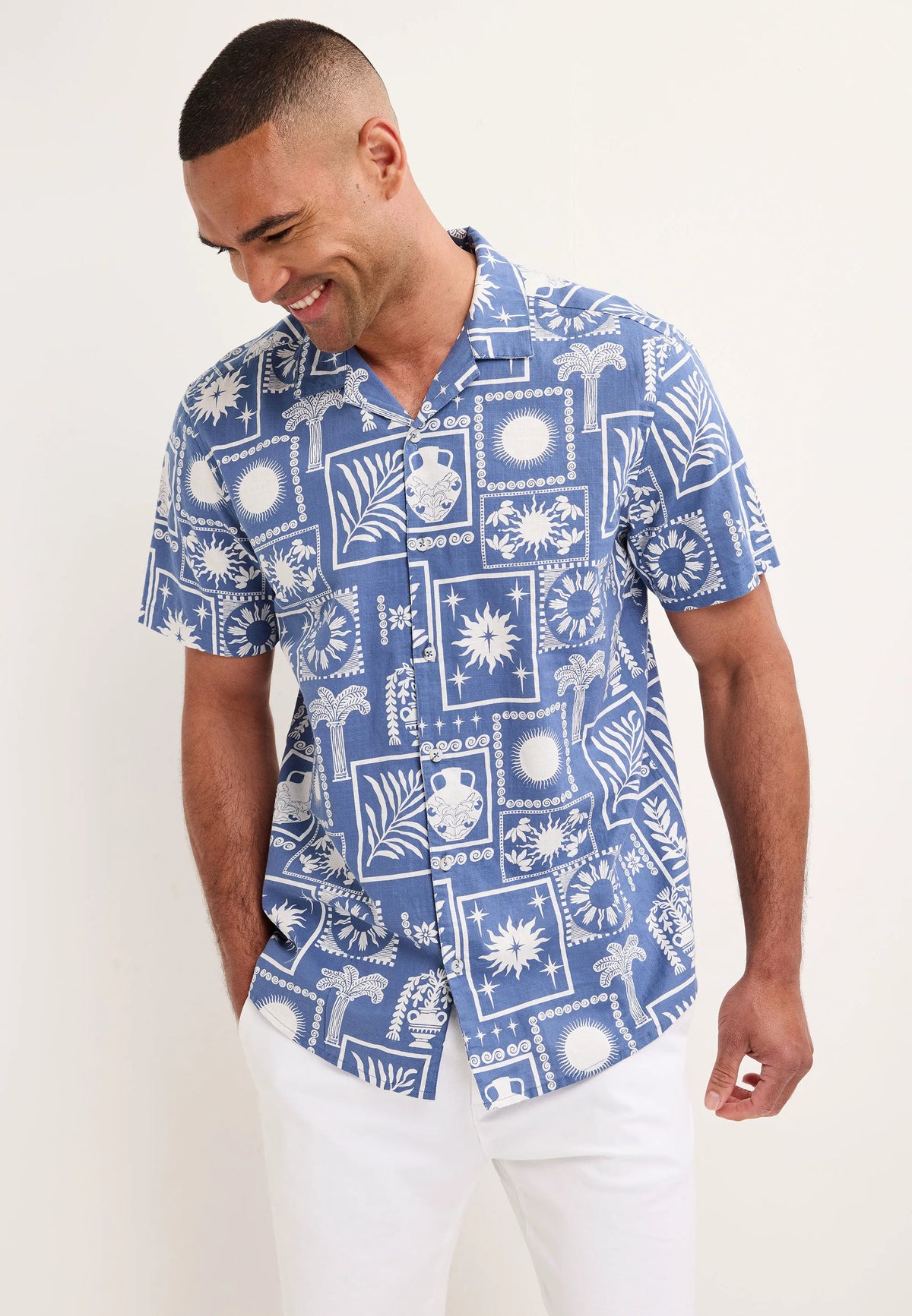 Mens Blue Tile Print Short Sleeve Shirt