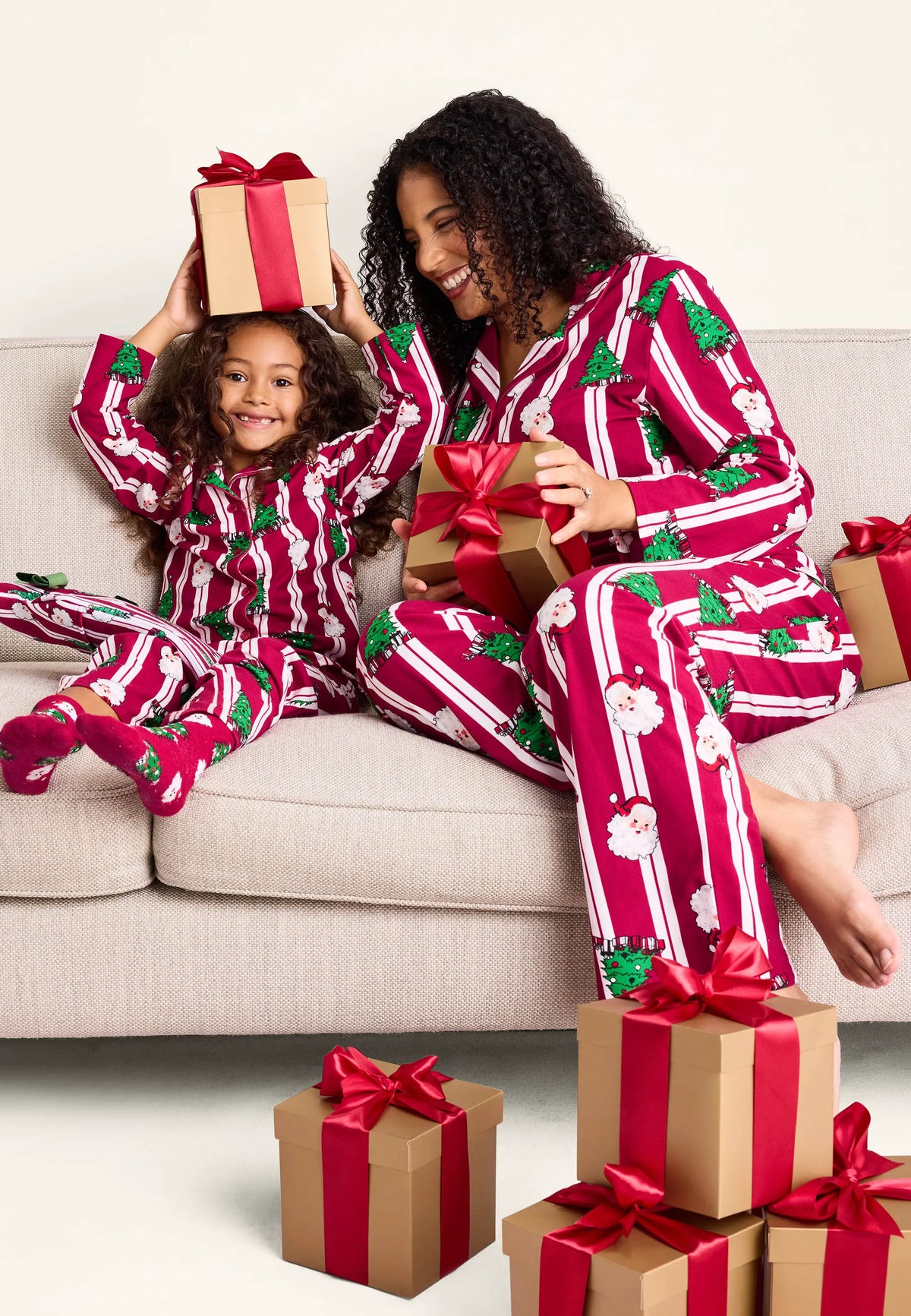 Womens Red & White Stripe Santa Print Family Pyjama Set
