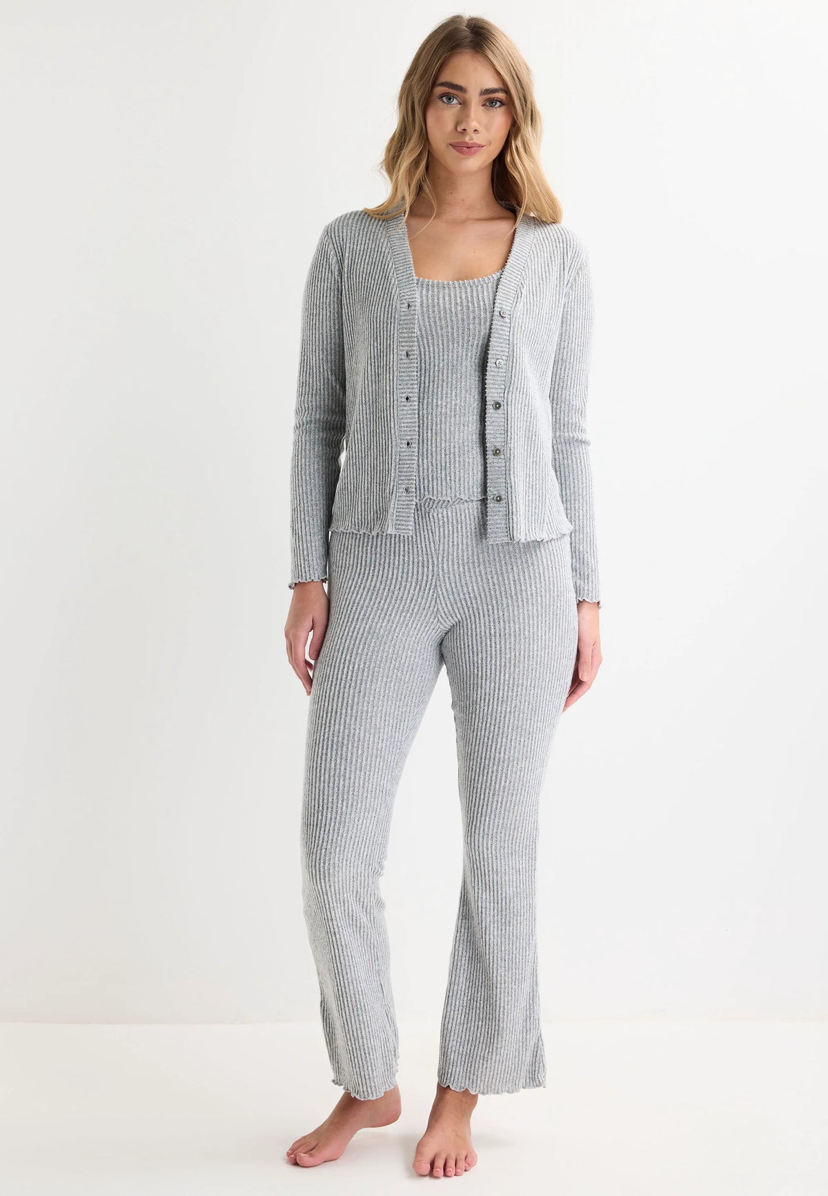 Womens Grey Ribbed Cardigan & Cami Pyjama Top Set