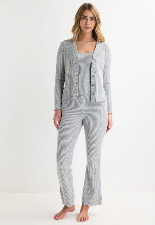 Womens Grey Ribbed Cardigan & Cami Pyjama Top Set