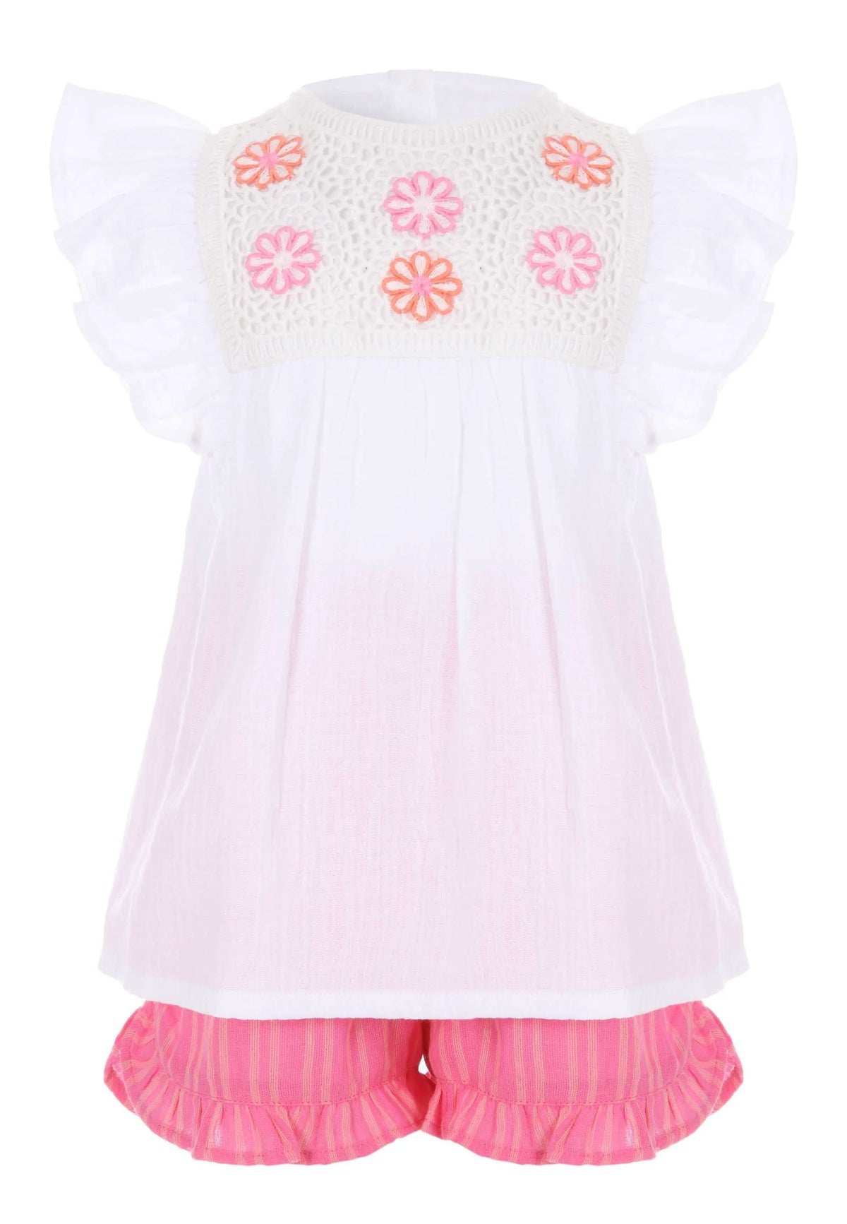 Younger Girls White Crochet & Pink Short Set