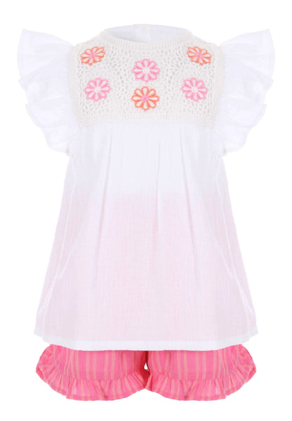 Younger Girls White Crochet & Pink Short Set