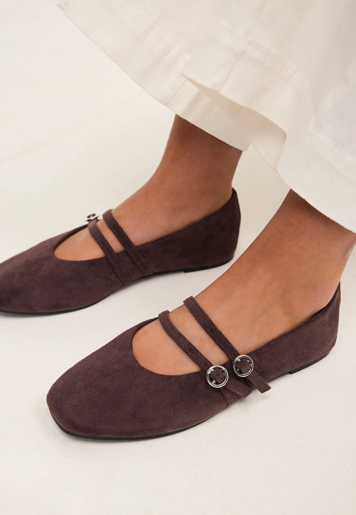 Womens Brown Double Strap Ballet Pumps