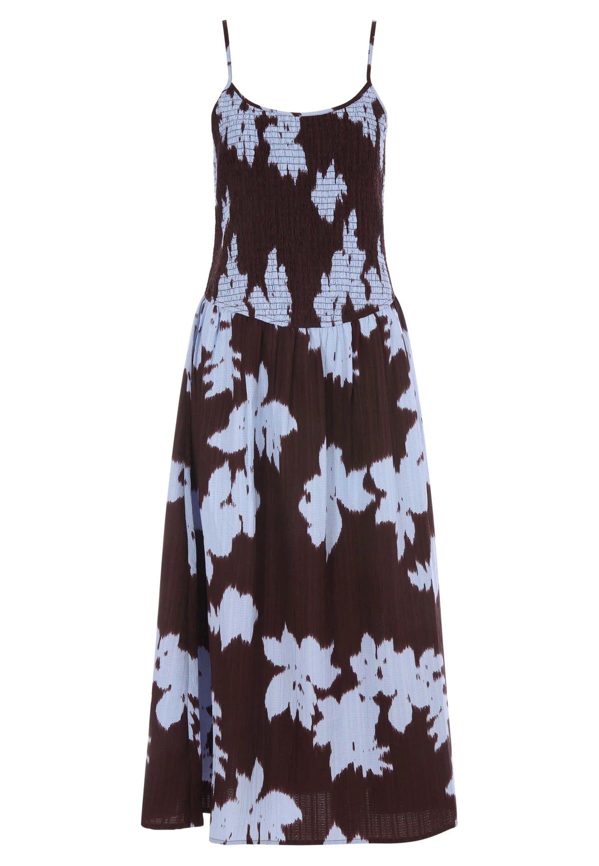 Womens Burgundy Floral Shirred Midi Dress