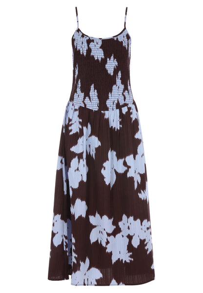Womens Burgundy Floral Shirred Midi Dress
