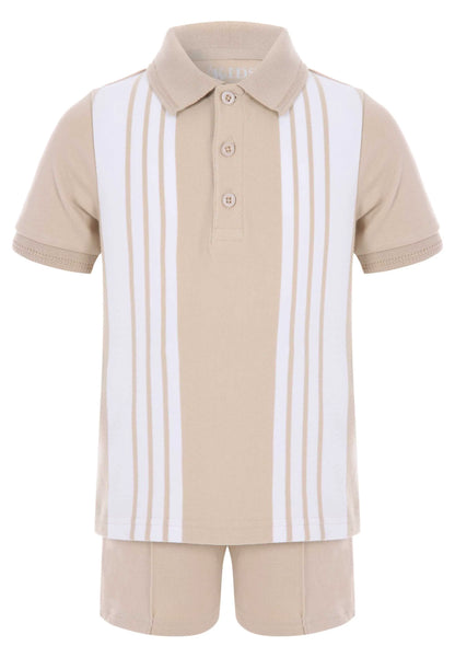 Younger Boys Stone Stripe Polo Shirt & Shorts Set