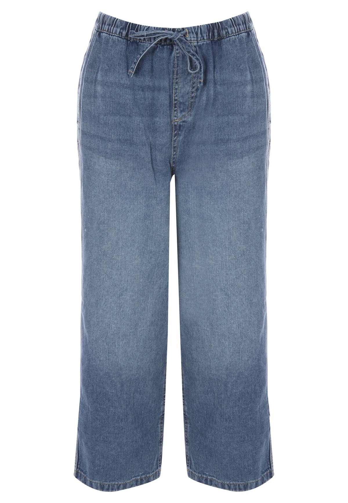 Womens Mid Blue Stripe Wide Leg Drawstring Jeans