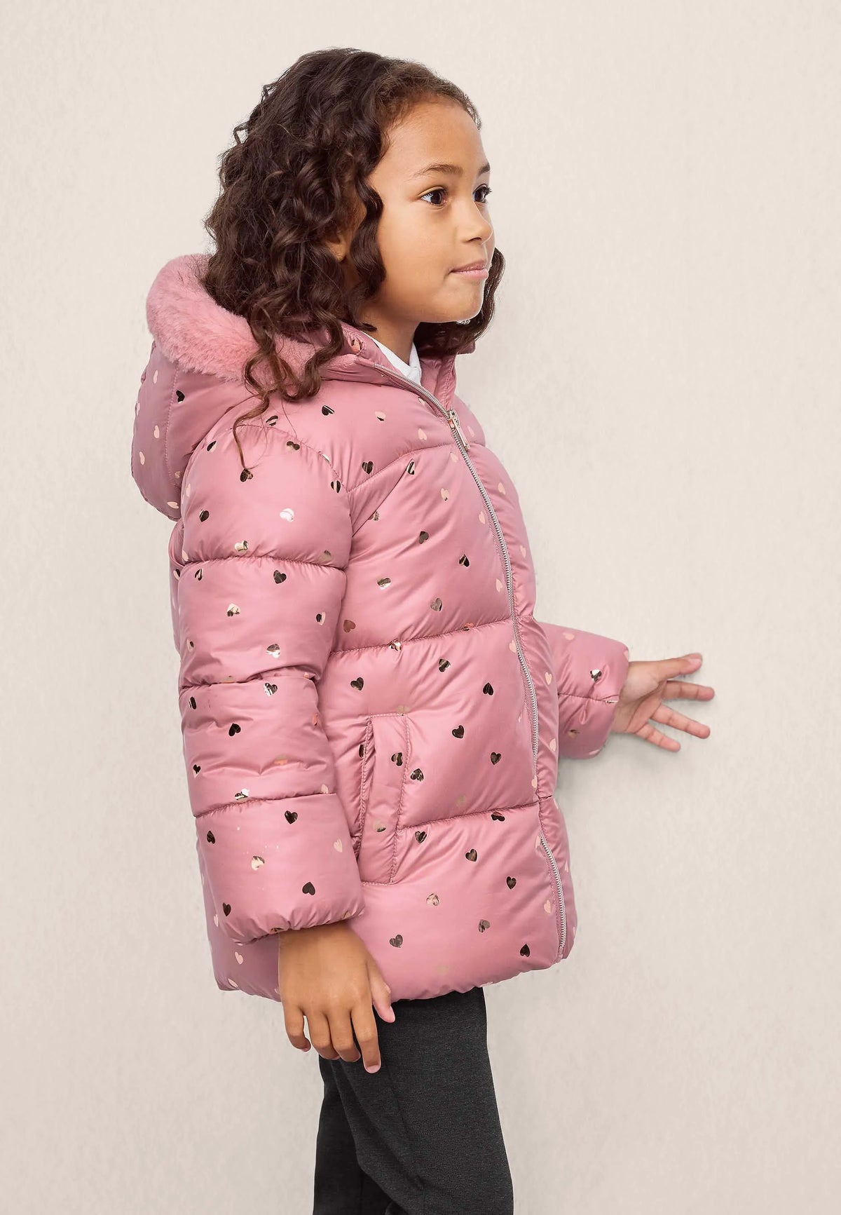 Younger Girls Pink Heart Print Padded Coat with Hood