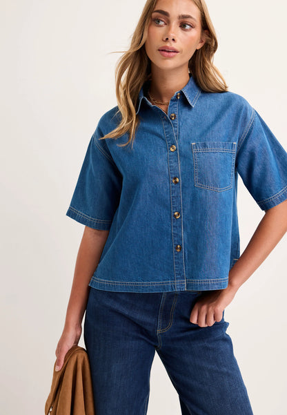 Womens Blue Denim Look Cotton Shirt