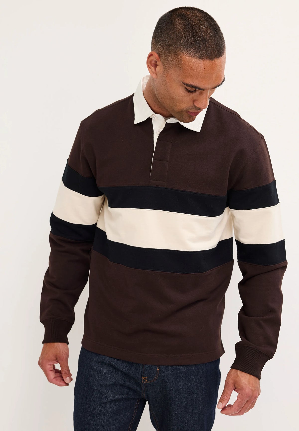 Mens Brown Stripe Rugby Sweatshirt