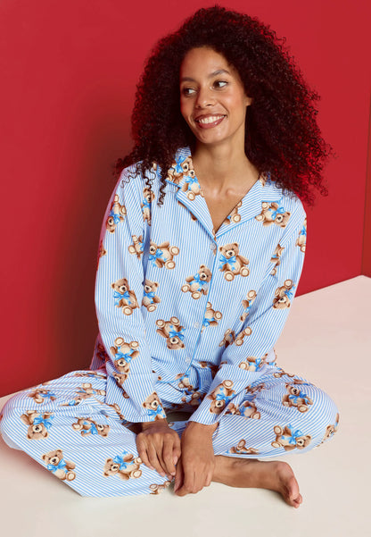 Unisex Adult Blue Stripe Bear Print Family Pyjama Set