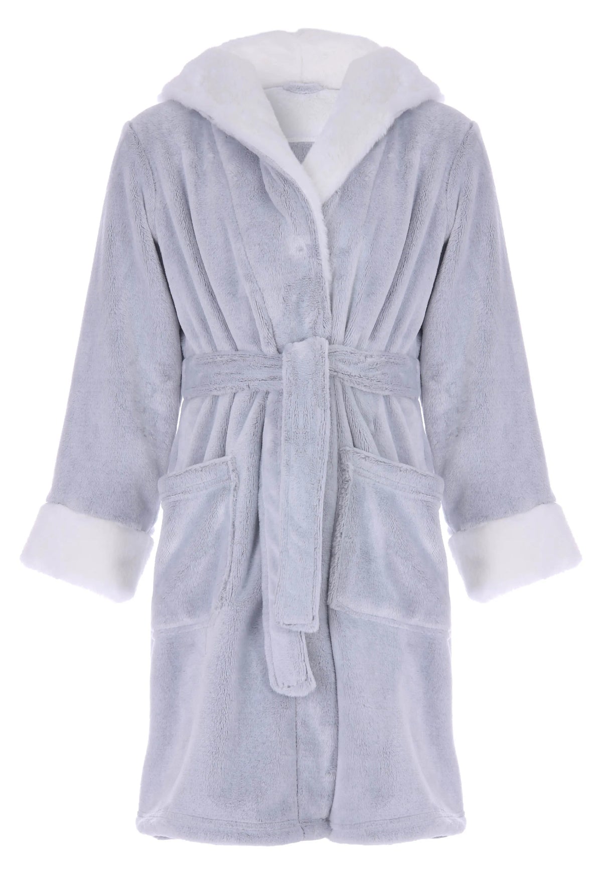 Girls Grey Plain Sherpa Trim Dressing Gown