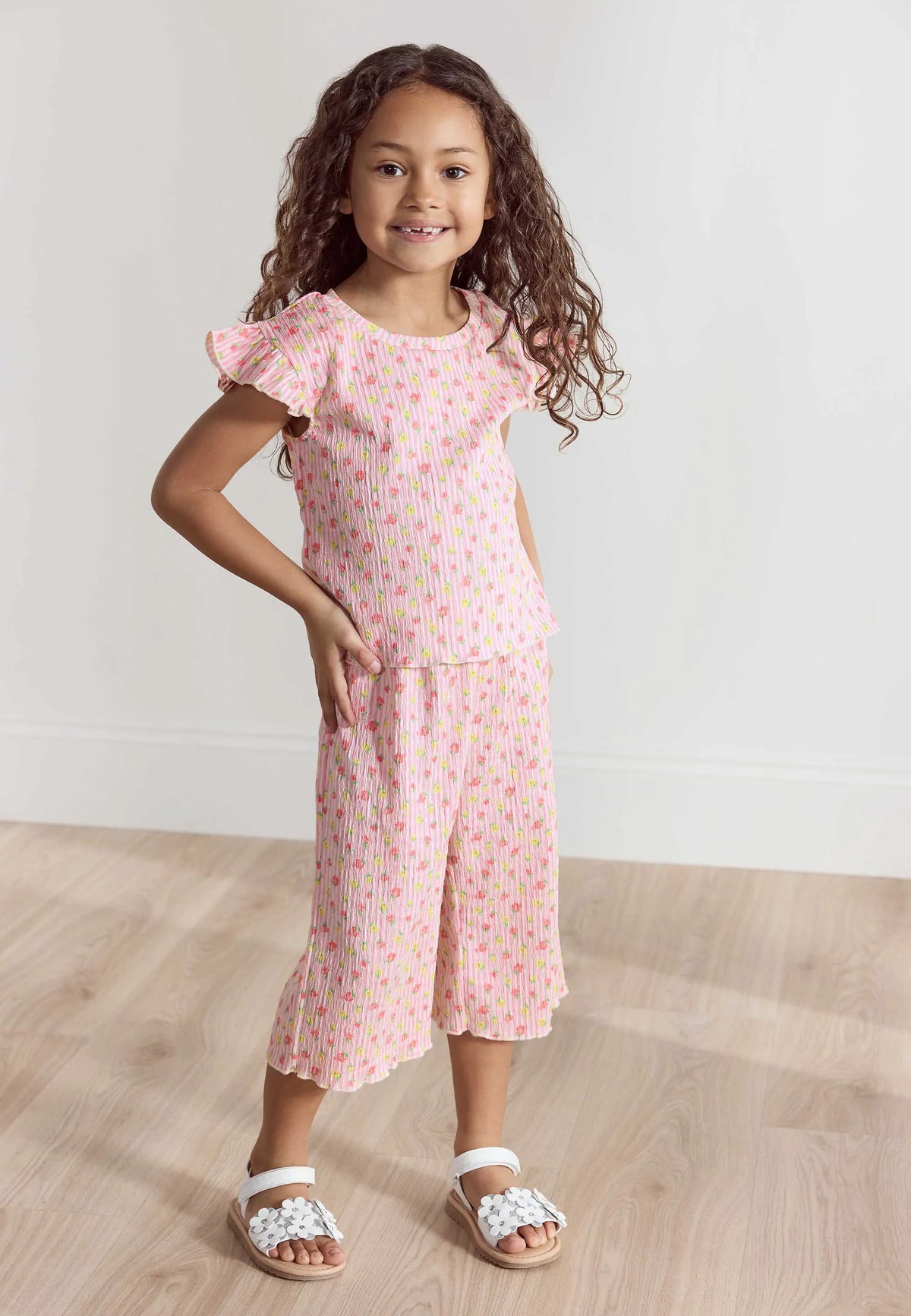 Younger Girls Pink Floral Print Top and Culottes Set